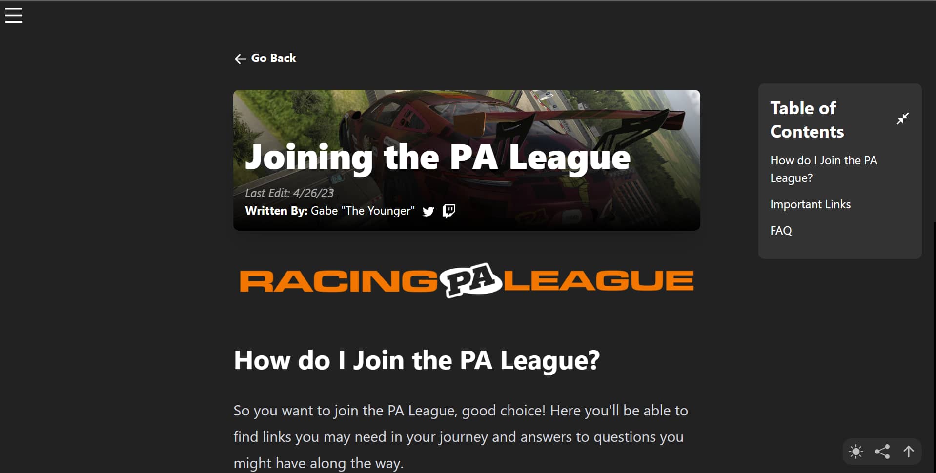 Preview of the joining the league page