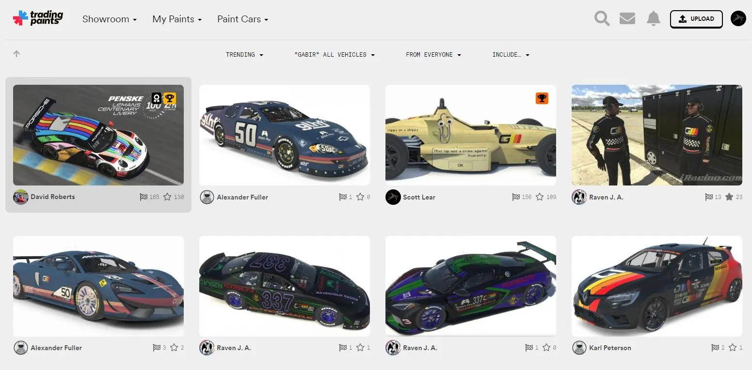 A quick search for "Gabir" brings up a bunch of Penny Arcade Racing League liveries with Gabir Motors-inspired paint schemes.