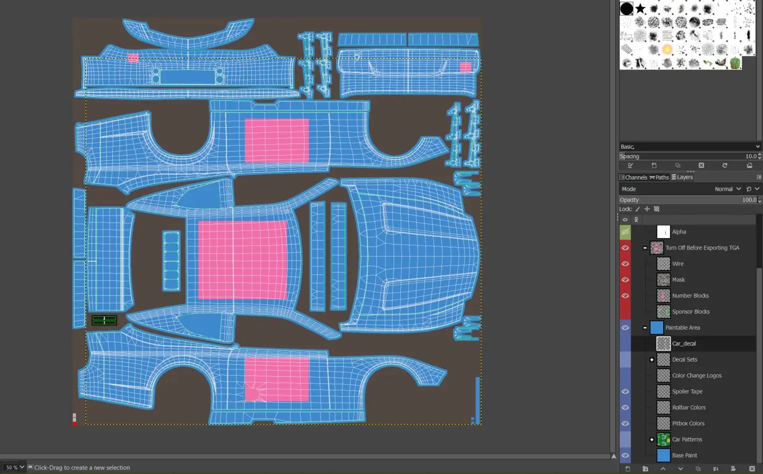 Our base livery with decals turned off, wireframe on, and number boxes (the big pink squares) enabled so we can see where iRacing will put the numbers.